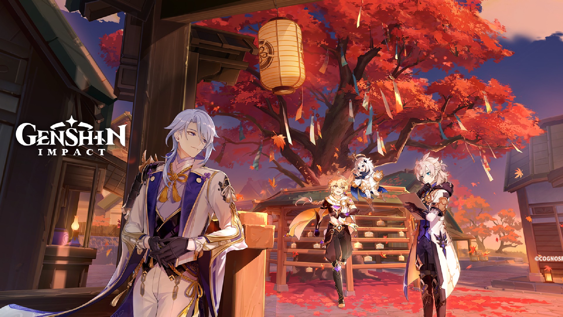 Genshin Impact characters stand under a red tree