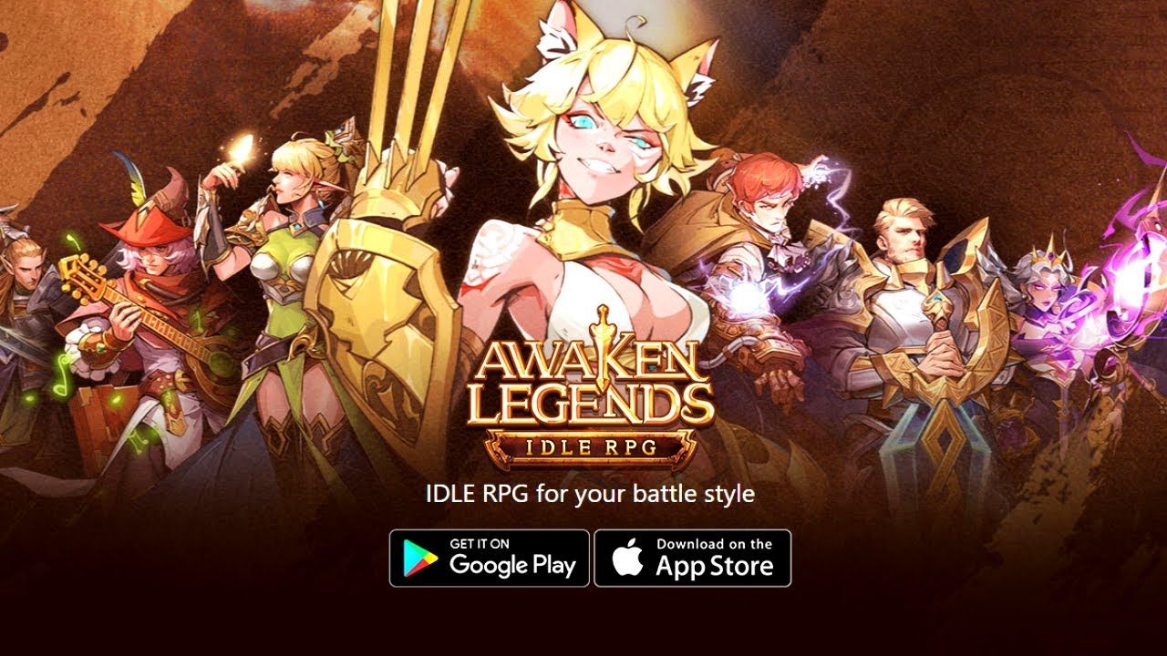 some of the characters from awaken legends wielding their weapons and abilities positioned in a line with the games logo in the middle as well as the logos advertising the download for the apple app store and the google play store