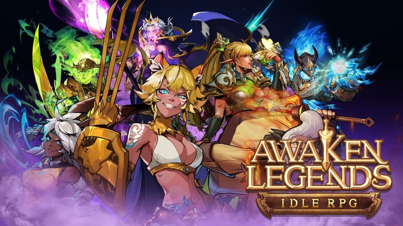 some of the characters from awaken legends in a collage showcasing their powers facing different directions with the game logo for awaken legends in the bottom right