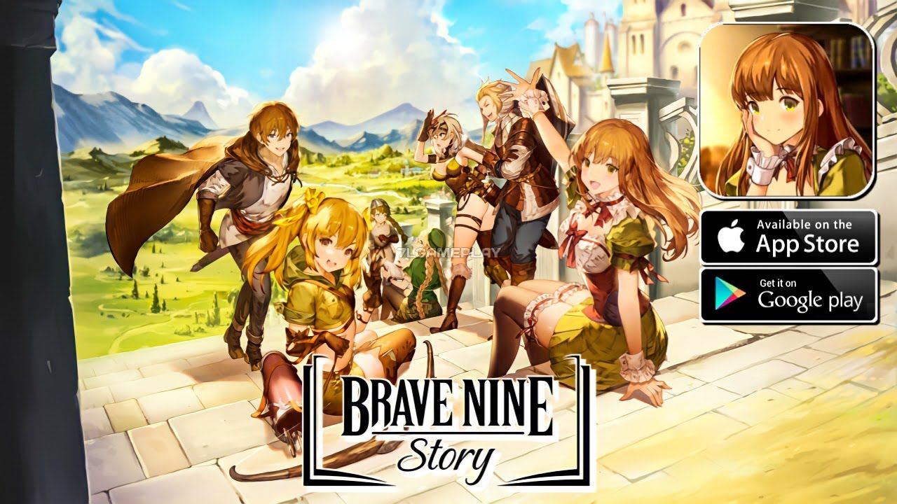 feature image for our brave nine story codes guide, this image includes a promotional image for the game featuring the characters from the mercenary group sat on stone steps with a distant view of blue skies, green grass and mountains, the game's logo is at the bottom, with the play store and apple app store logos at the side