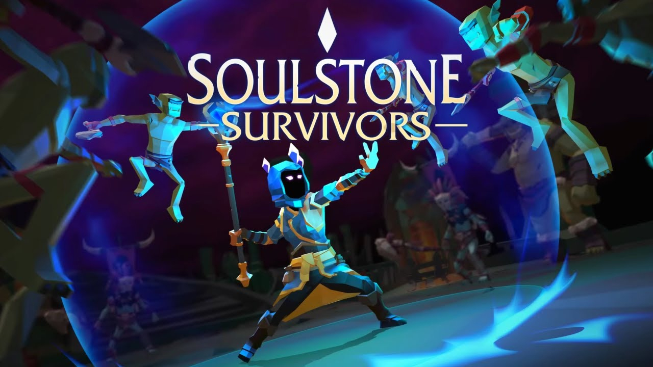 The featured image for our Soulstone Survivors characters article, featuring a Soulstone Survivors mage fending off against a horde of monsters in a blue colour pallete.