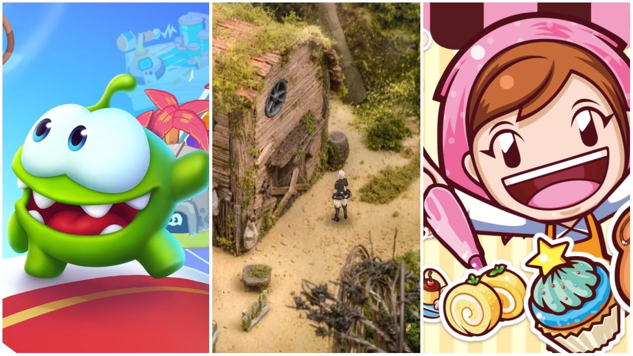 feature image for our best apple arcade games article, the image features a collage with a photo of om nom from cut the rope, a screenshot of gameplay from fantasian and a drawing of mama from cooking mama surrounded by desserts