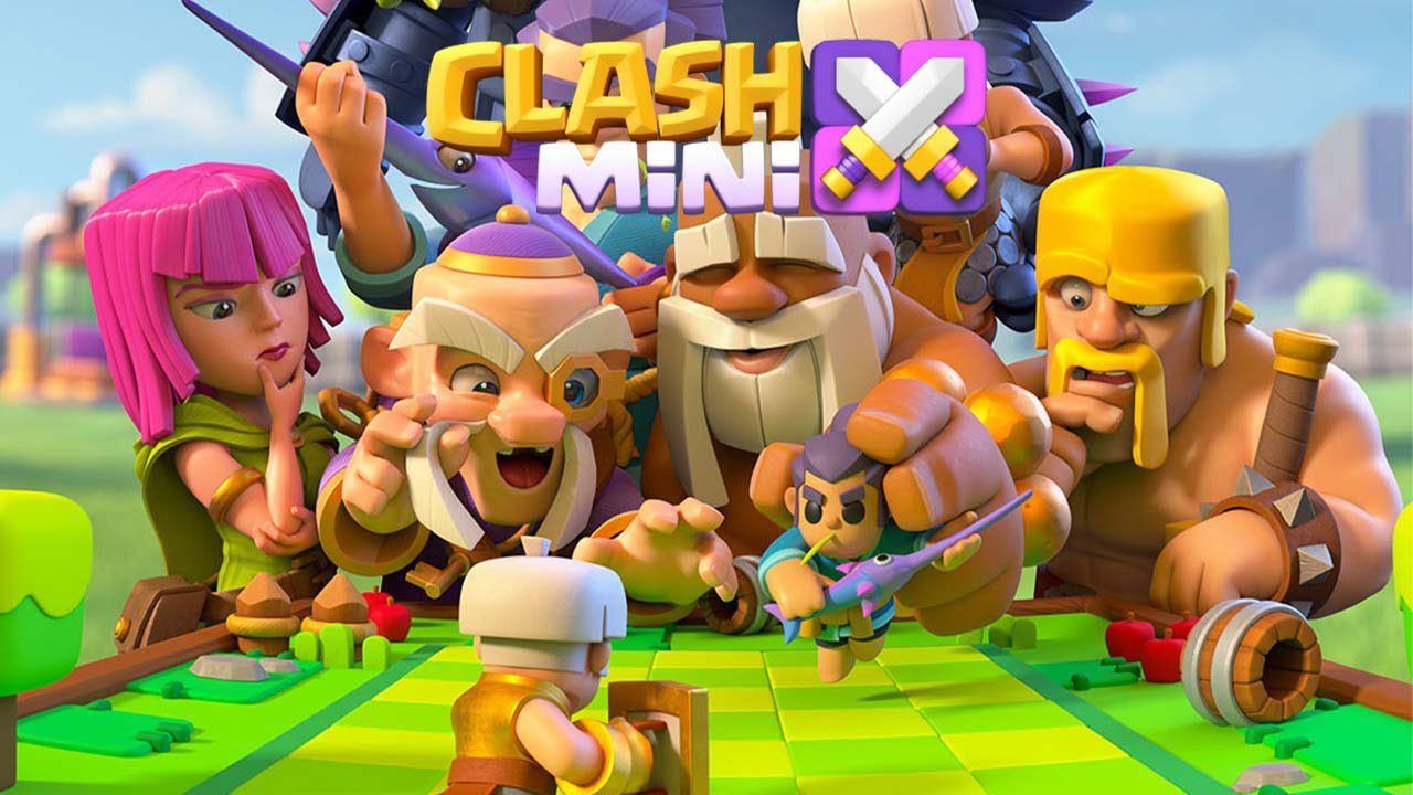 feature image for our clash mini tier list guide, the image features the game's logo, as well as 3D versions of some of the characters as they play a board game