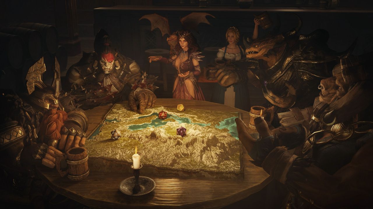Feature image for our Dragonheir: Silent Gods tier list. It shows several of the characters sat around a table, with a map and some dice.