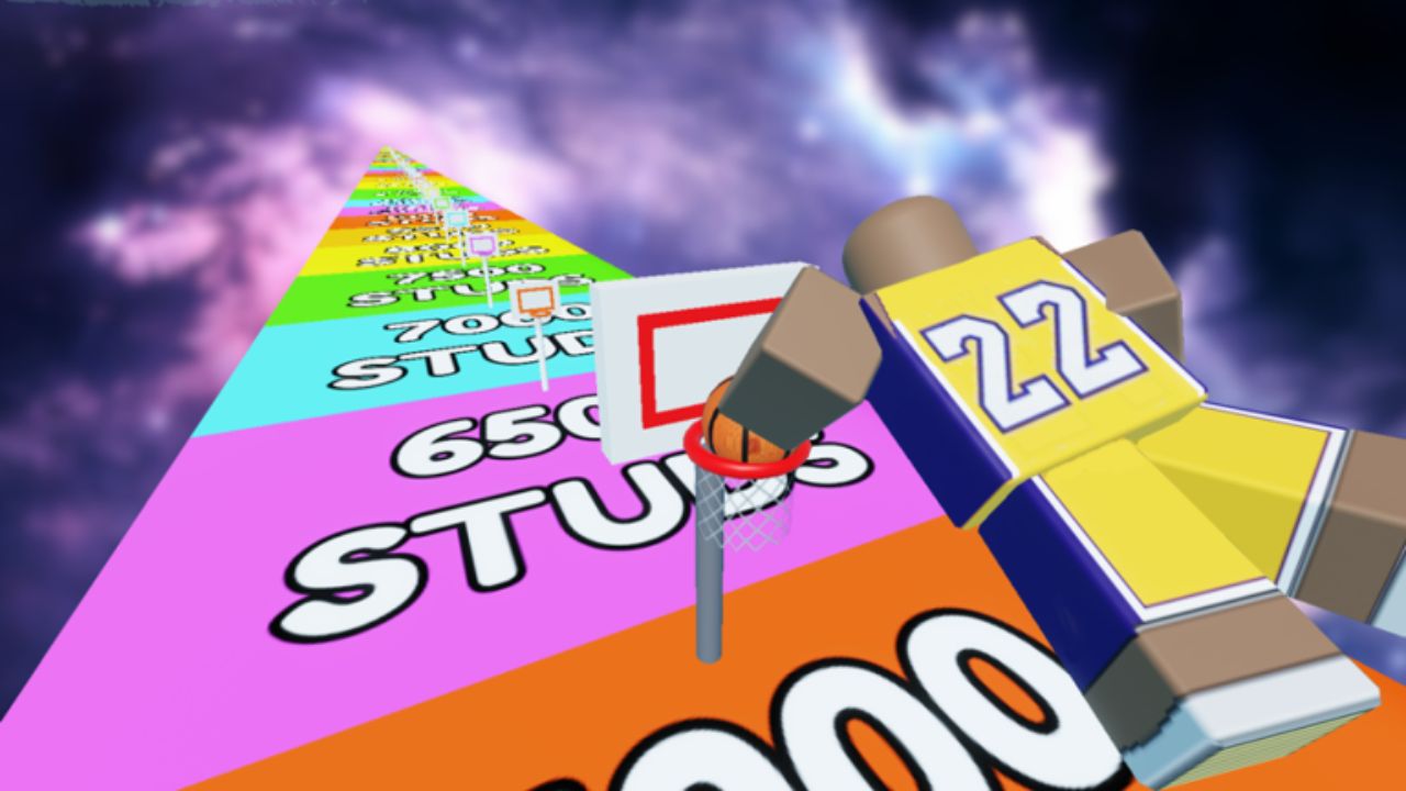 feature image for our dunking race codes guide, the image features a roblox character wearing a basketball uniform as they fly over colourful milestones below with a basketball hoop close by