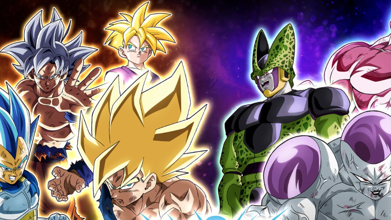 Feature image for our Dragon Ball Z: Dokkan Battle Future Saga tier list. It shows a group of several Dragon Ball Z characters.
