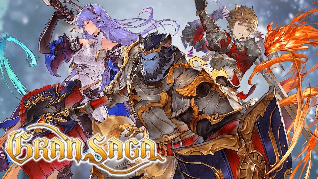 feature image for our gran saga codes guide, the image includes the game's logo in the bottom left with some of the anime style heroes from the game wielding their weapons