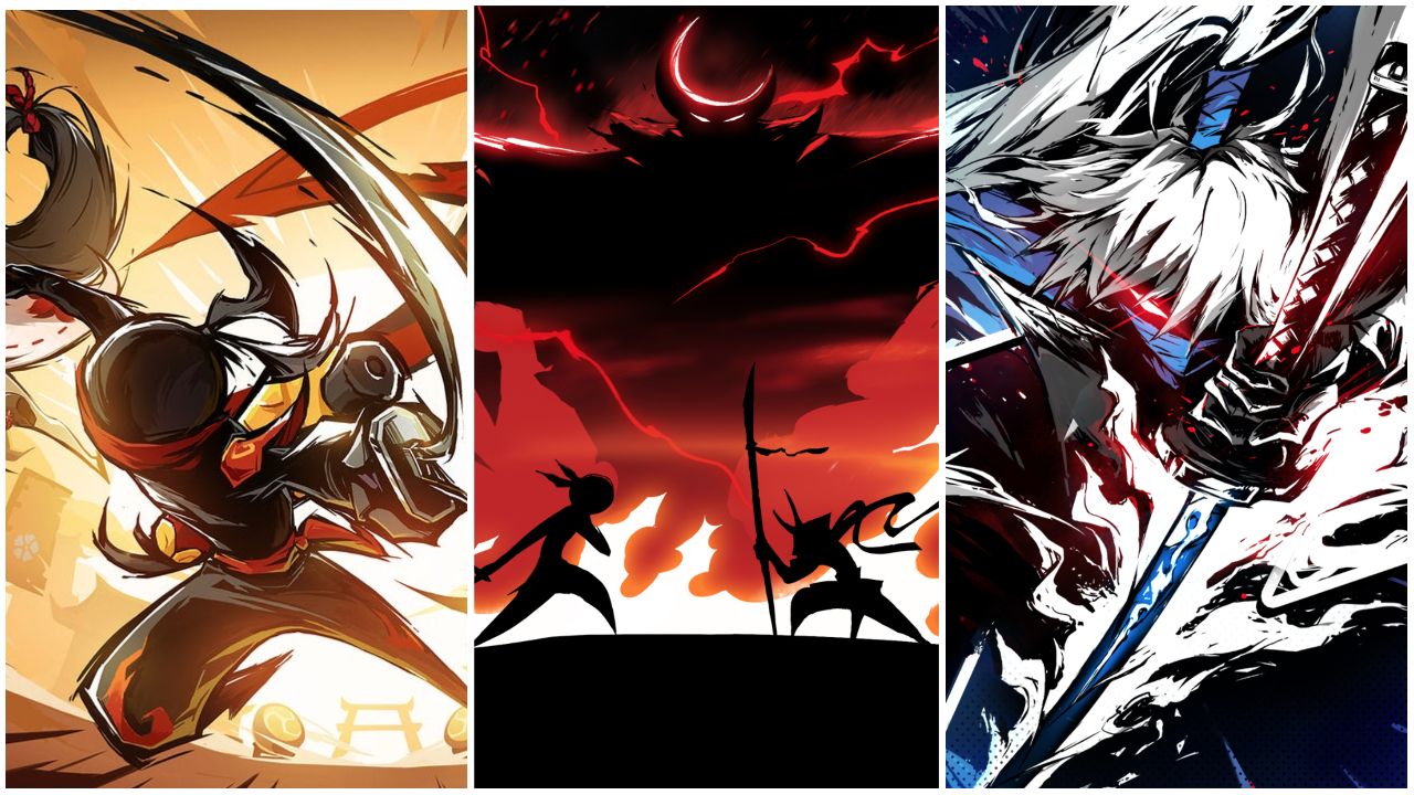 feature image for our ninja must die tier list, the image features drawings of a ninja, as well as a drawing of a battle with a large monster behind, there is also a drawing of one of the playable characters holding a sword