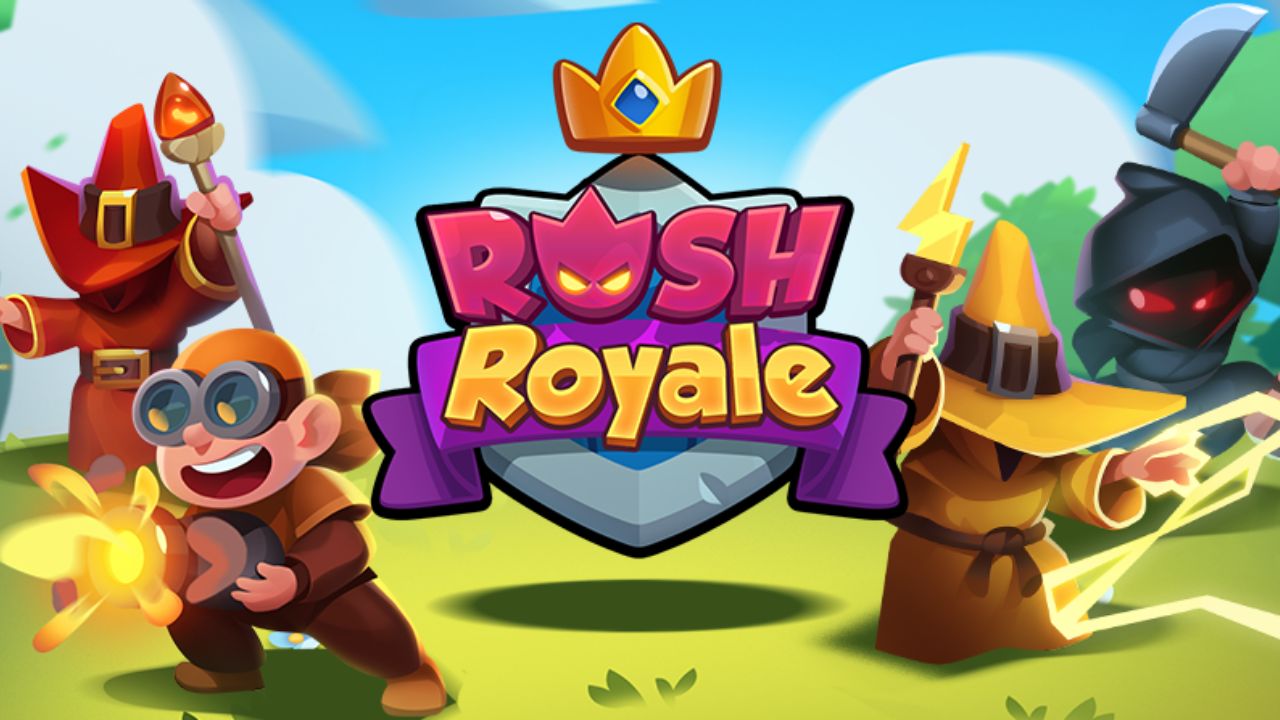 Feature image for our Rush Royale codes guide. It shows four heroes of different classes, stood around the Rush Royale logo.
