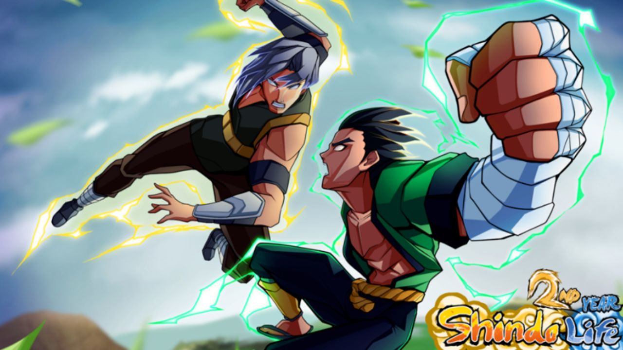 Feature image for our Shindo Life tier list. It shows two characters fighting, supernatural energy around their fists.