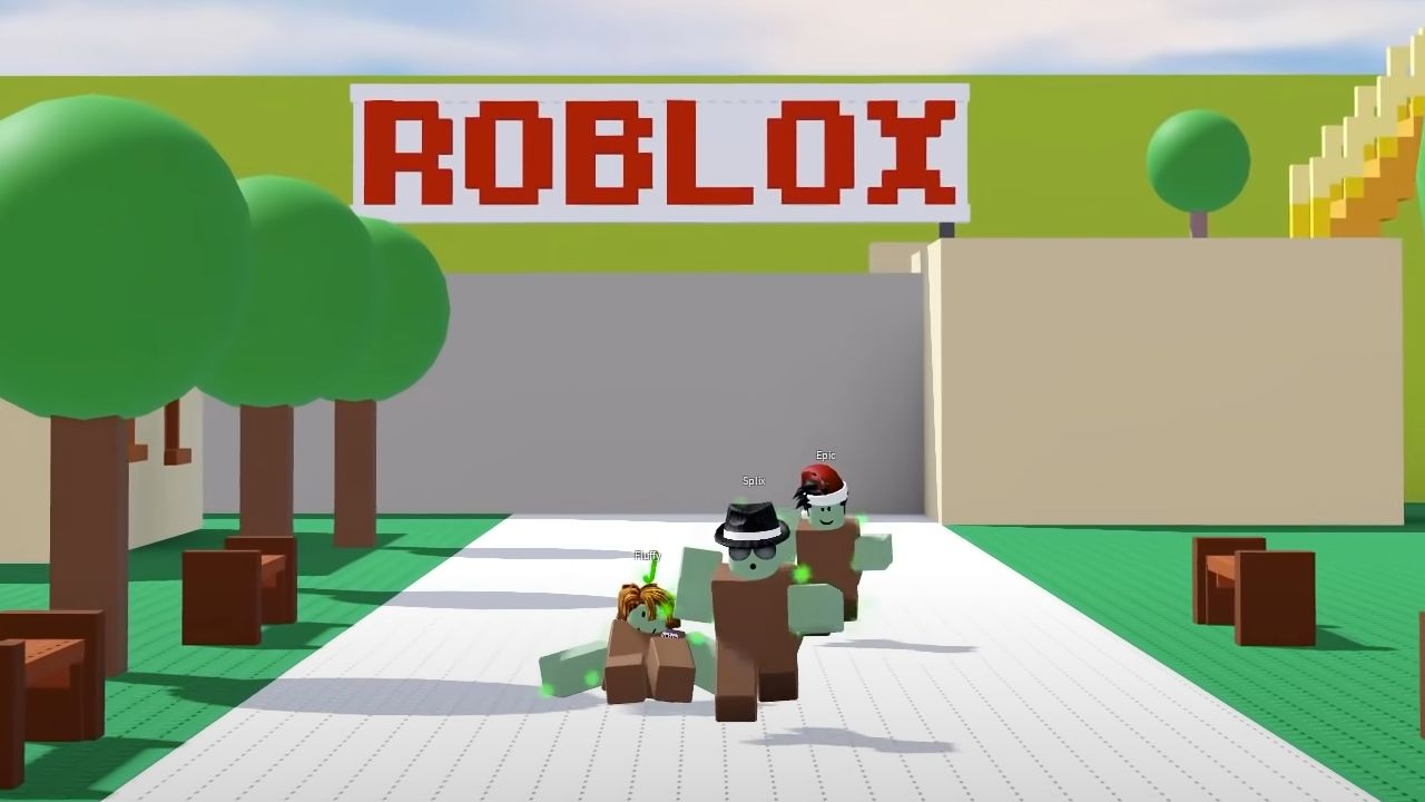 Feature image for our Untitled Tag Game codes guide. It shows three Roblox figures running toward the camera, one tripping over.