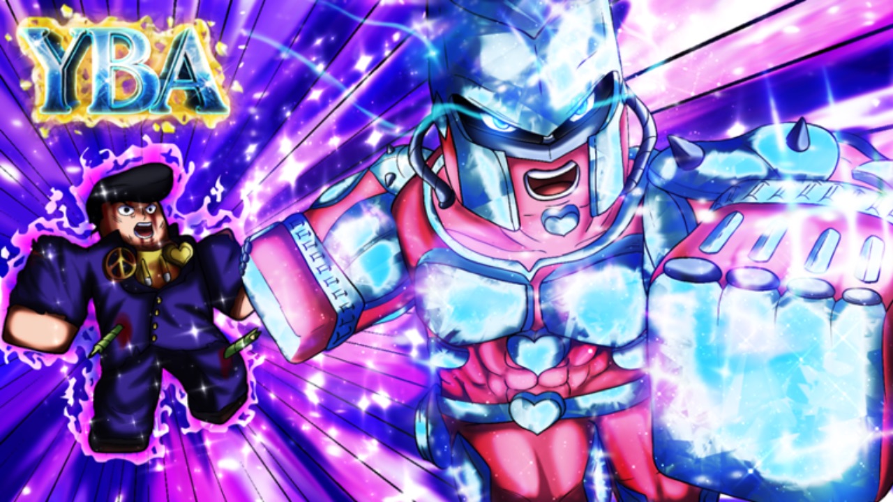 The featured image for our YBA tier list, featuring a STAND rushing towards the camera in a blaze of purple and ice-blue light.