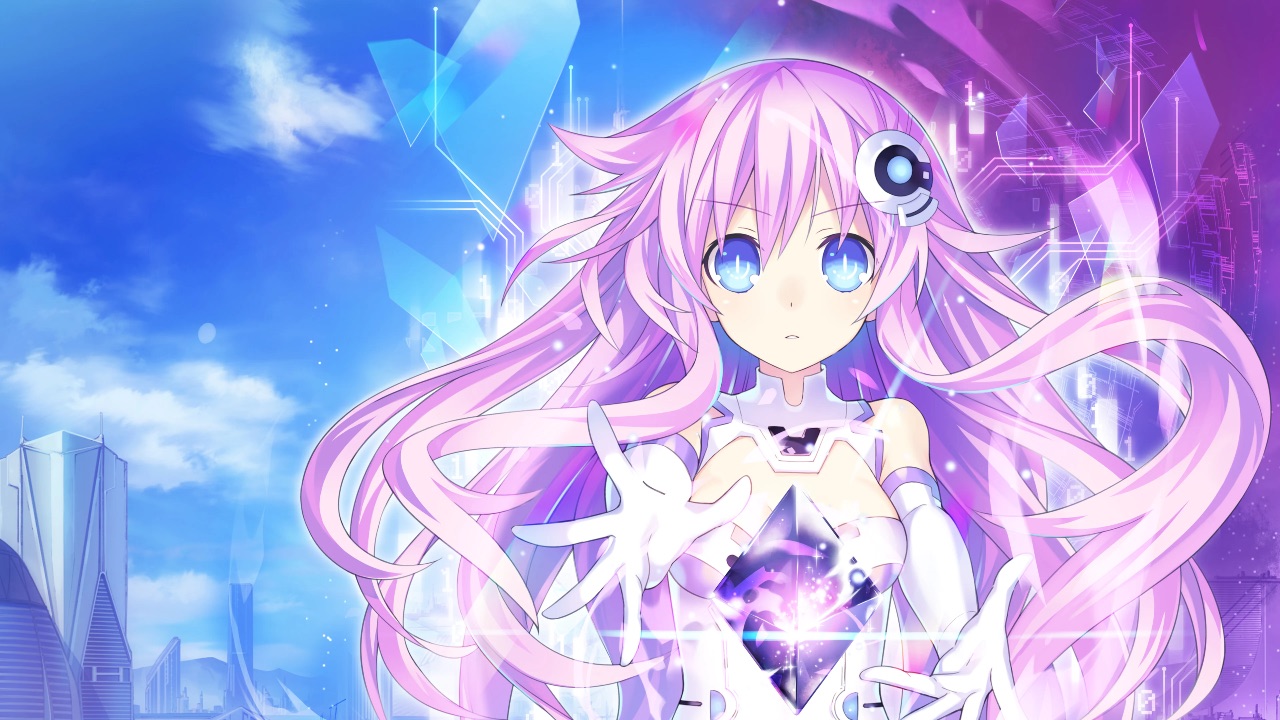 The featured image for our Neptunia: Sisters VS Sisters guide, featuring a character from the game looking at the camera. The woman is dressed in a glowing white outfit, and she holds her hand out to the camera. She has pink hair, and behind her, the sky is a gradient of blue and purple.