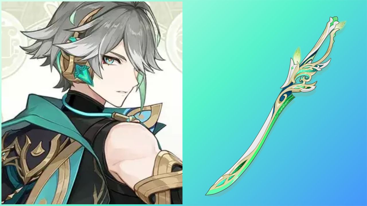 feature image for our alhaitham weapon tier list, the image feature promo art of the character as well as art for a green sword