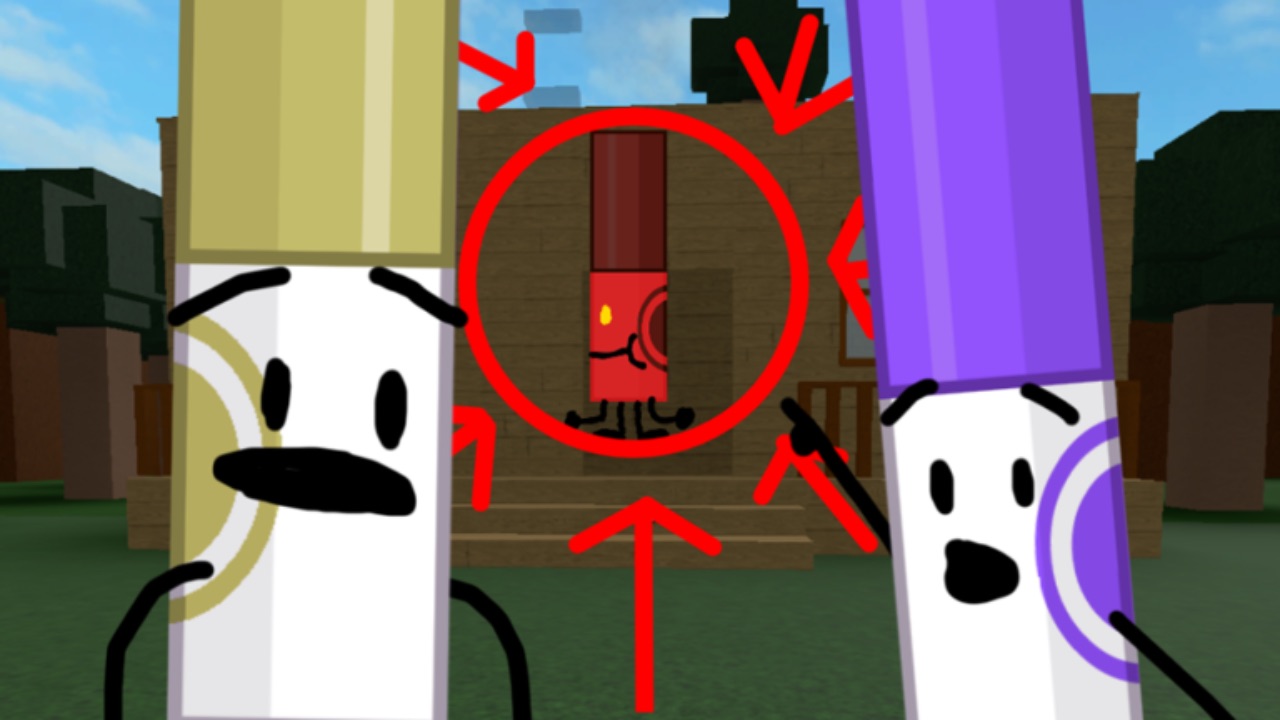 The featured image for our Find The Markers Orb Order guide, featuring two markers looking concerned. The marker on the left is a beige colour, and the marker on the right is purple. In the middle of the screen is the Red Marker, who has arrows pointed towards them.