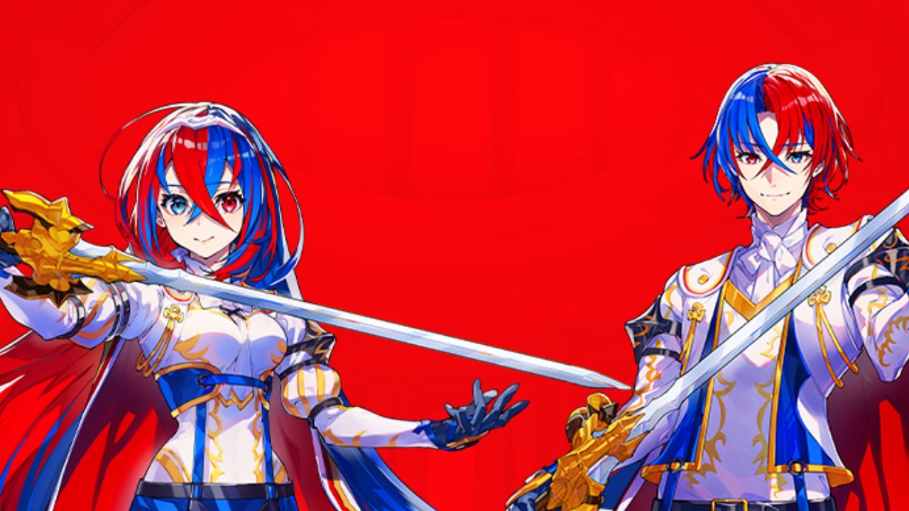 The featured image for our Fire Emblem Engage weapons guide, featuring two characters standing infront of a red background, holding their swords out as they look at the camera.
