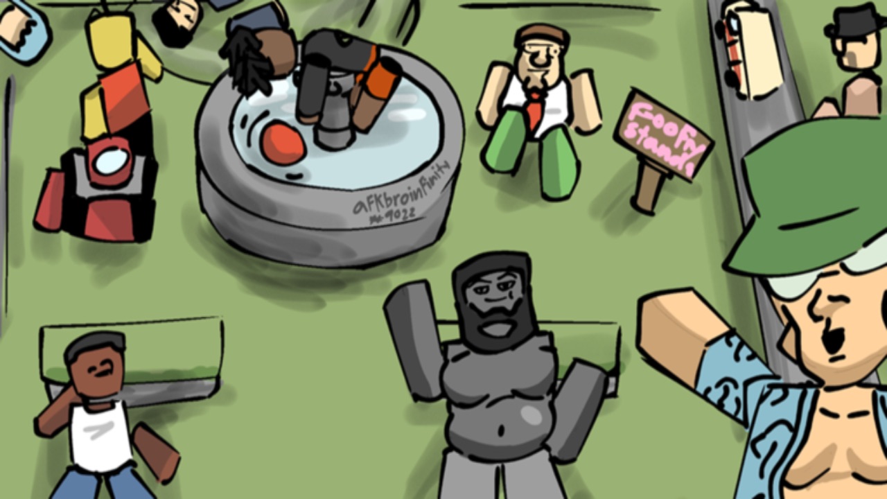 The featured image for our Goofy Stands tier list, featuring a group of anime Roblox characters lying down on a grassy field, facing the sky. A character to the right of the camera points towards the crowd. There's also a blow-up swimming pool.