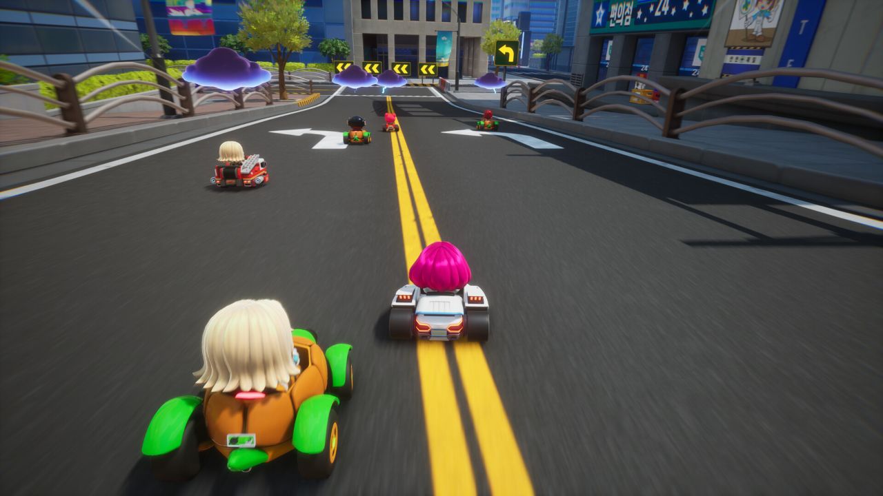 Feature image for our KartRider: Drift tier list. It shows two karts racing closely on a city street.