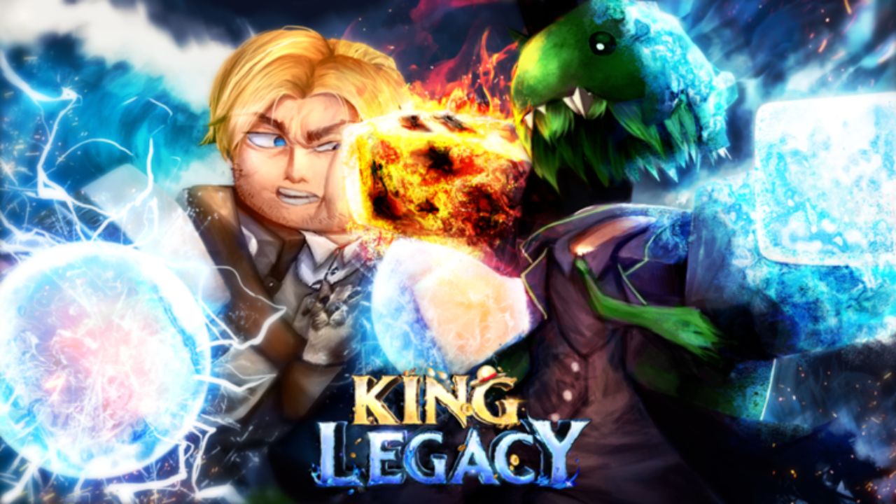 Feature image for our King Legacy tier list. It shows a Roblox character fighting a green monster using magical powers.