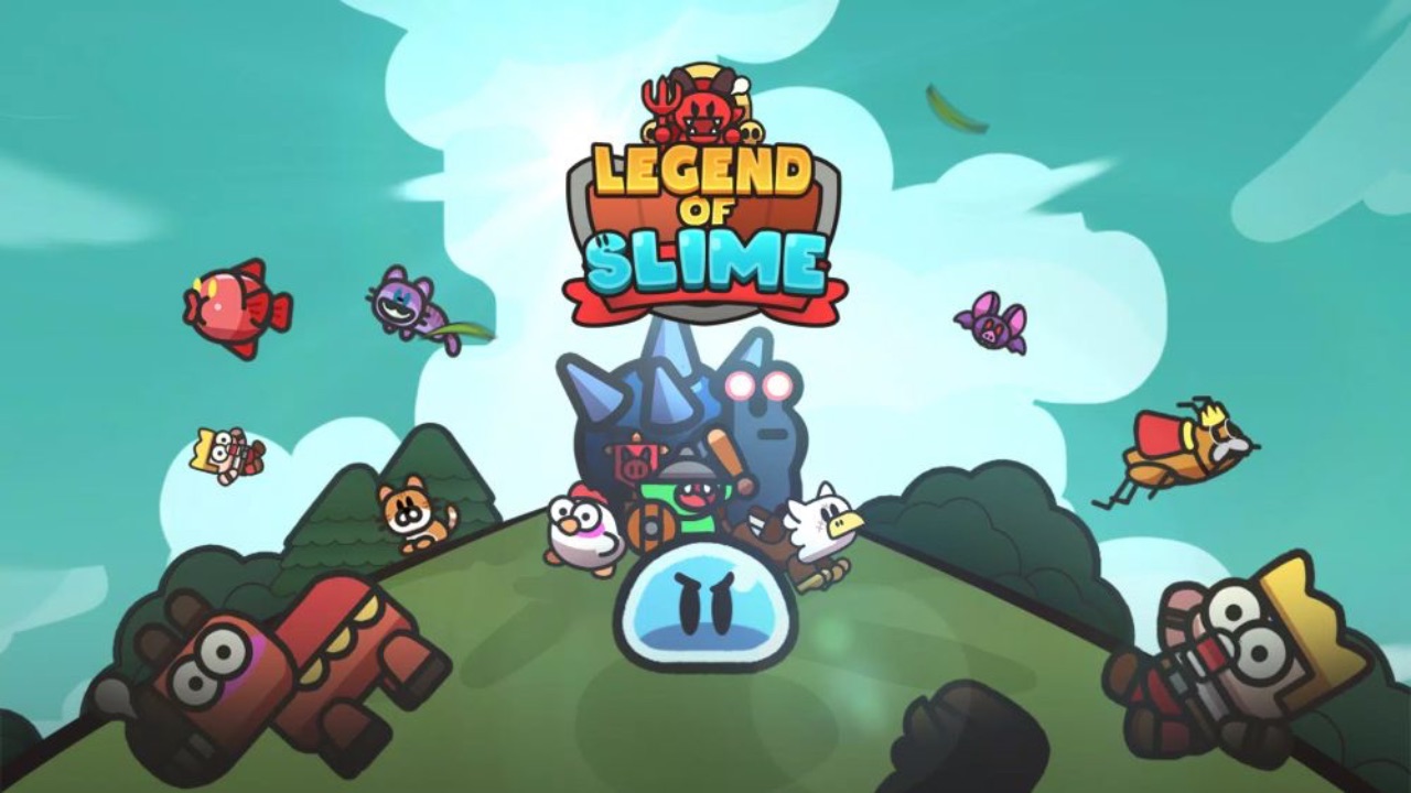 The featured image for our Legend of Slime tier list, featuring a poster for the game. The picture features slime perched ontop of a green hill, underneath a turquoise sky.
