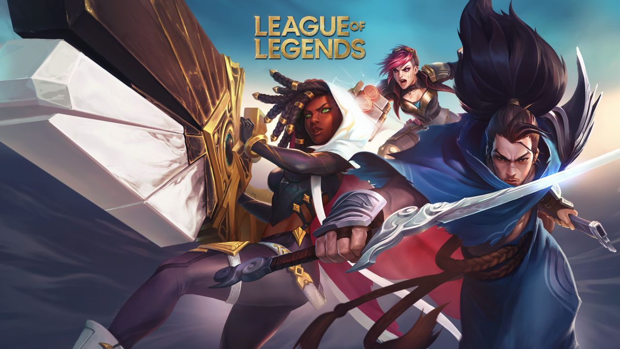 Feature image for our LoL 13.1 tier list. It shows three League of Legends characters fighting together.