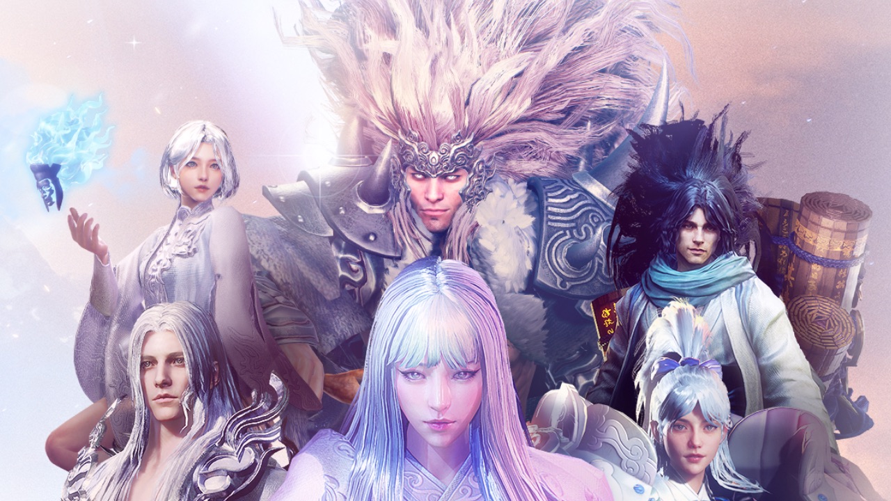 The featured image for our Mir M classes guide, featuring six of the characters from the game gathered together and looking towards the camera. Behind them is a pink/white gradiant background.