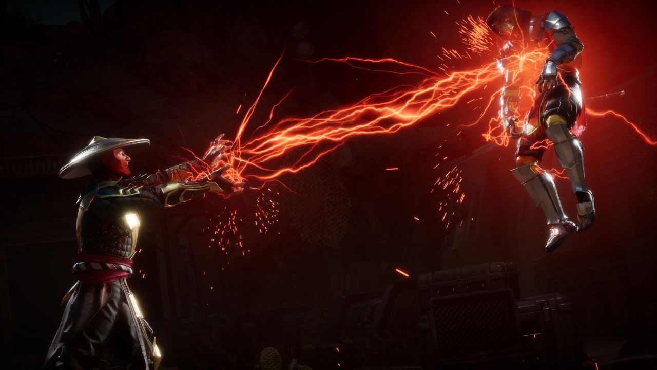 Feature image for out Mortal Kombat 11 tier list. It shows two characters fighring, one hitting the other with bolts of red lightning.
