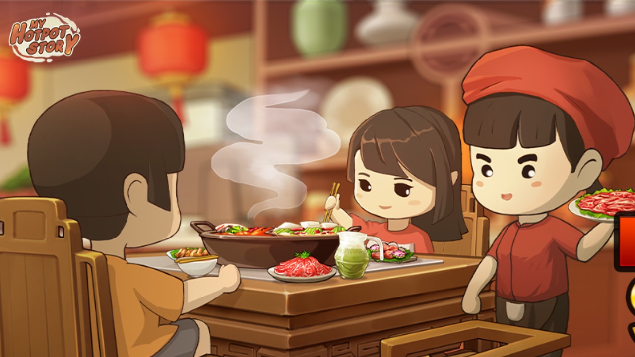 The featured image for our My Hot Pot Story guide, featuring a waiter serving two customers at a table full of food in the restaurant.