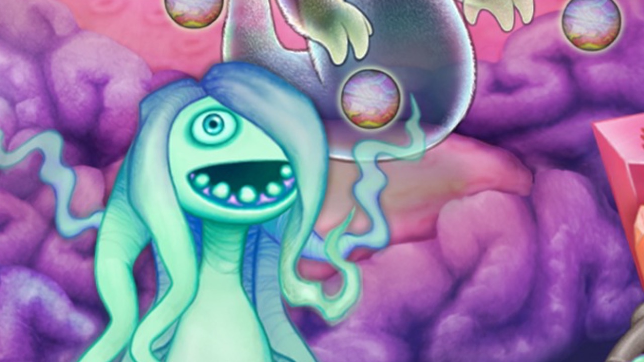 The featured image for our My Singing Monsters Mushaboom guide, featuring a green monster looking at the camera. Behind the monster is a purple mesh background.