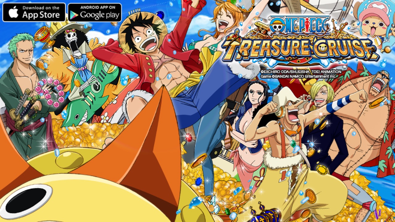 The featured image for our One Piece Treasure Cruise tier list, featuring the cast of the game looking up to the camera as they're all gathered in a group. The main character of the game is falling down towards the rest of the main cast.