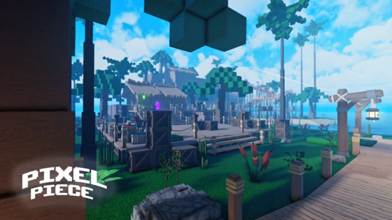 The featured image for our Pixel Piece tier list, featuring a screenshot from the game that displays the recreation of the One Piece world in Roblox. The screenshot itself shows civilisation amidst a forest/jungle, with trees all around, with the sea in the background.