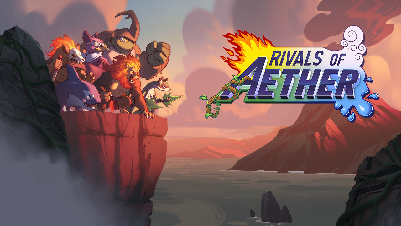 The featured image for our Rivals of Aether tier list, featuring all of the characters standing dramatically at the edge of a mountain. They overlook the cliff side from a platforming angle, with the game's logo towards the right of the page.