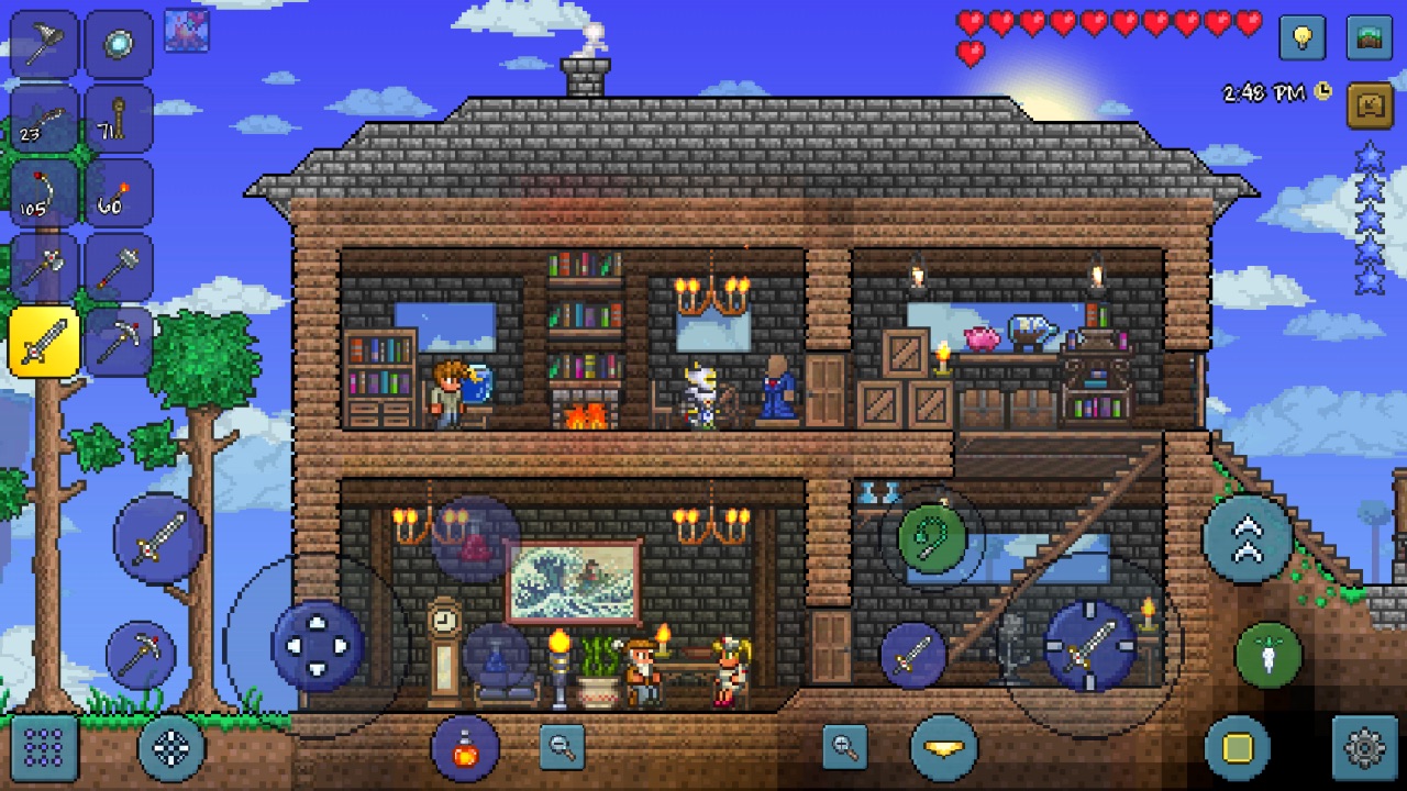 The featured image for our Terraria Wings tier list, featuring a person-made house, containing a few Terraria characters.