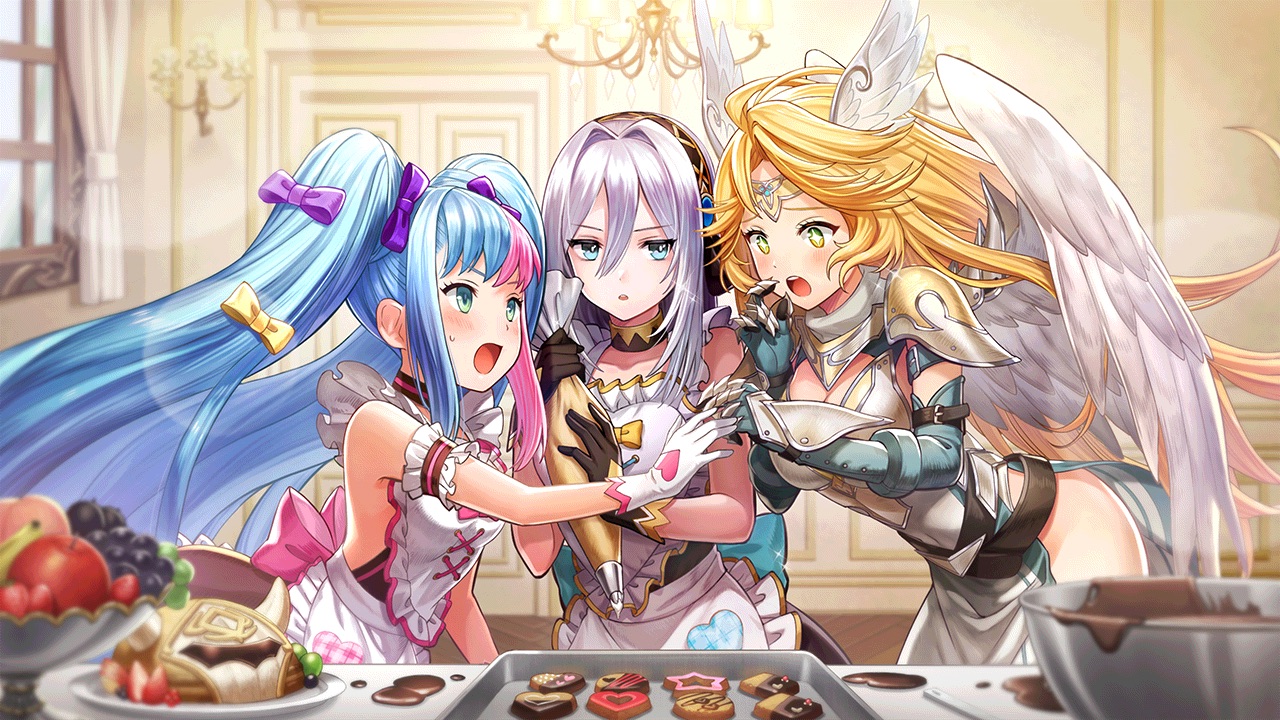 The featured image for our Valkyrie Connect tier list, featuring three women characters from the game looking over a baking tray filled with cookies. They decorate the cookies with icing.