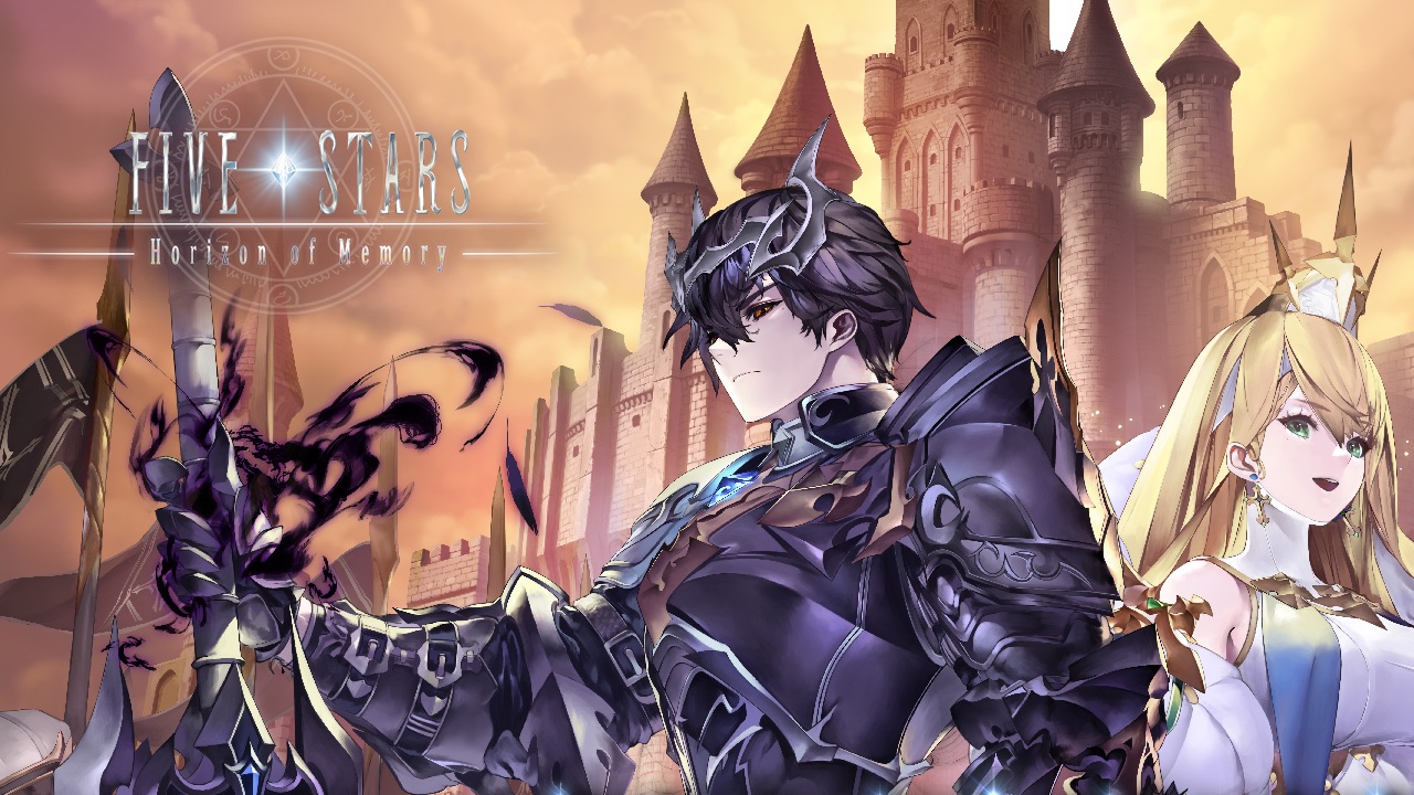 The featured image for our Five Stars codes guide, featuring two characters from the game - a man in fantasy-styled armour, and a women in a dress. Behind them is a castle, with an orange sky above it.