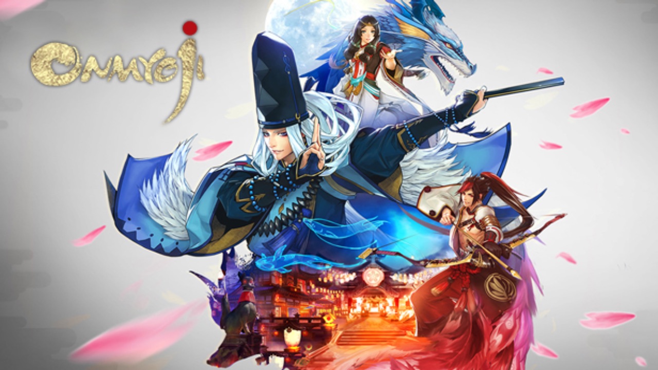 The featured image for our Onmyoji tier list, featuring a few characters from the game infront of a white/grey gradiant background. The characters are all in fighting positions, conjuring powers from their hands and weapons.