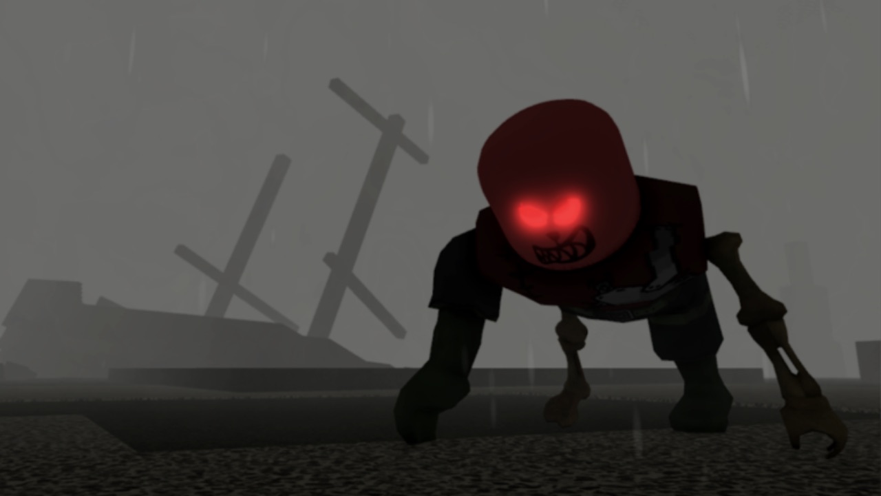 The featured image for our Pilgrammed codes guide, featuring the giant Skelaton boss that you fight in the game. The Skelaton has glowing red eyes and is stomping on the ground with it's arms on a beach.