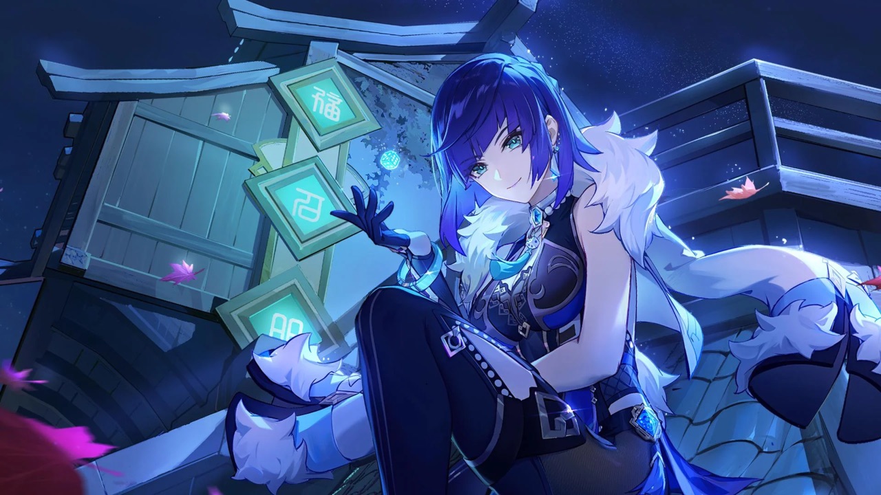 The featured image for our Yelan weapon tier list, featuring the character Yelan, who is dressed in violet, sitting and smiling at the camera.