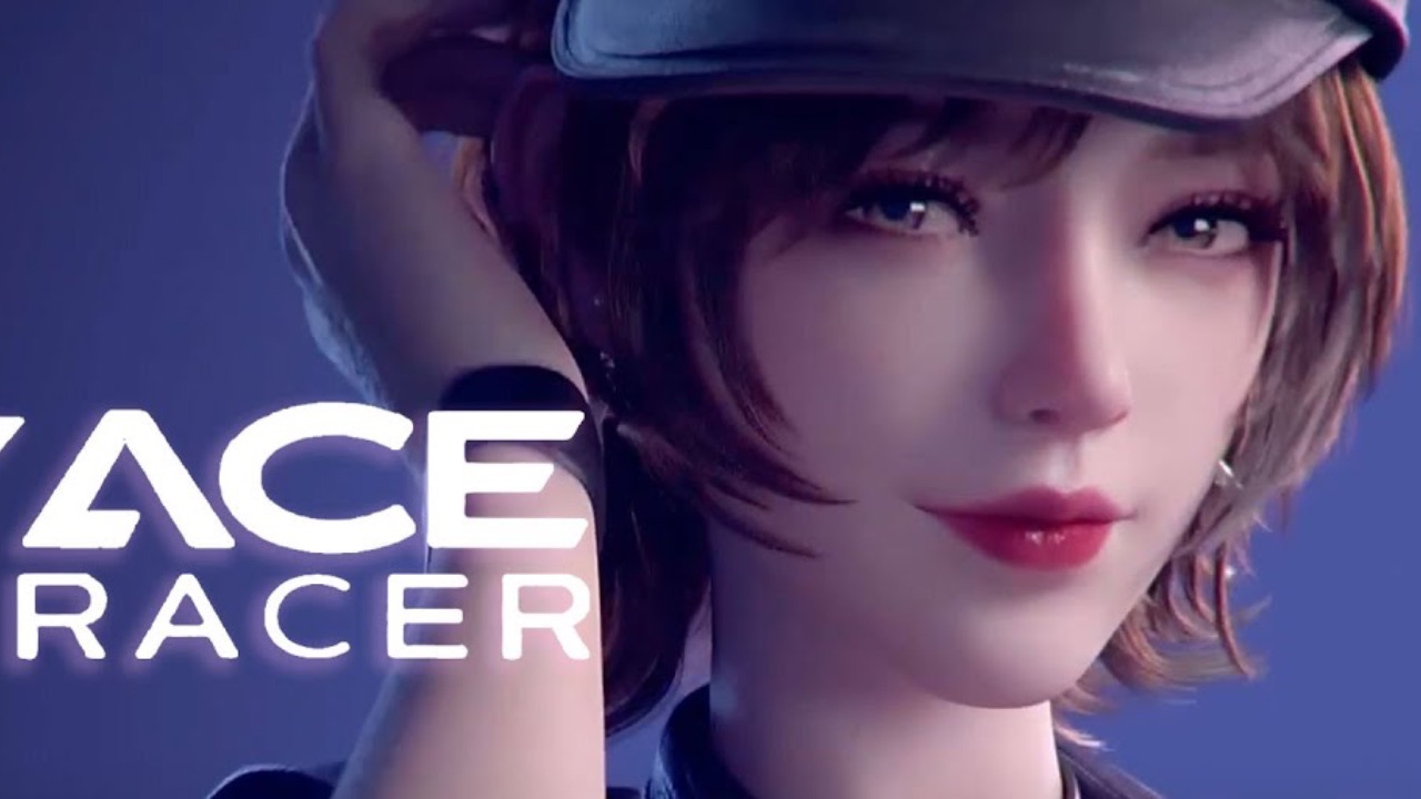 The featured image for our Ace Racer tier list, featuring a woman from the game adjusting her hat as she looks at the camera. The shot is a close up, and she smiles at the camera, as she stands infront of a purple background.
