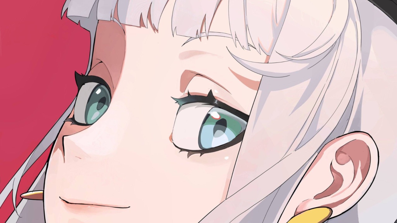 The featured image for our Etheria Restart codes guide, featuring an extreme close shot of a woman from the game, smiling at the camera at a side profile position. She has white hair, and a red background sits behind her.