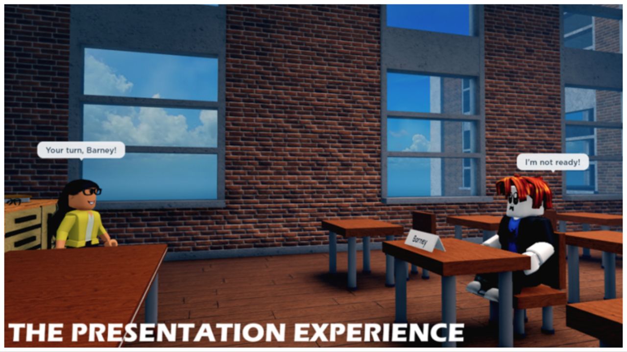 feature image for our the presentation experience codes guide, the image features two roblox characters in a classroom as one is stood on the left and looks like a teacher with glasses by a desk, and a student sat at a desk looking scared as the teacher says "its your turn barney" for the presentation, the windows also show a view of blue skies and clouds