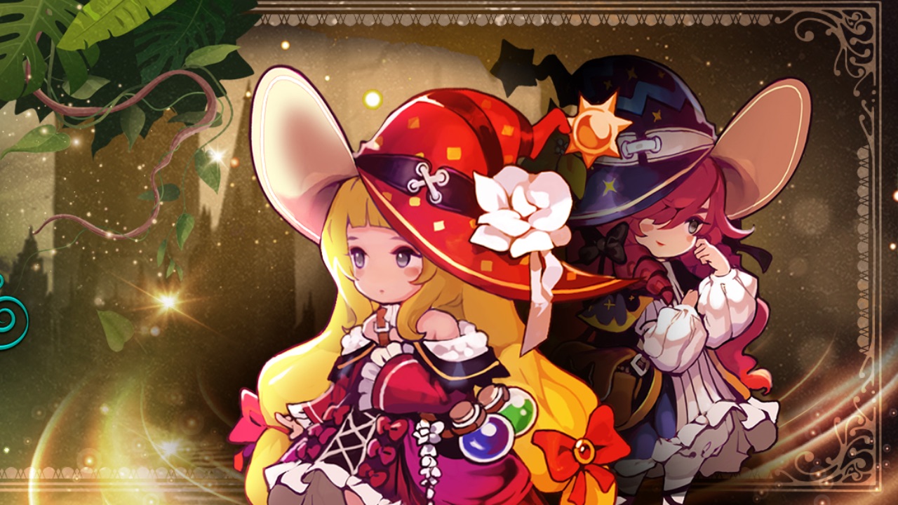 The featured image for our Witch Market codes guide, featuring two witches from the game. They have their backs to each other, but both are wearing red/black clothes with hats.
