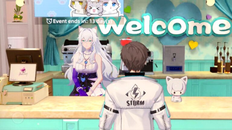 Cat fantasy tier list feature picture, as a male character stands at a counter with a cat girl with white hair and a purple and white outfit stands behind the counter by the till. There are various machines behind her which are coffee machines and syrups.